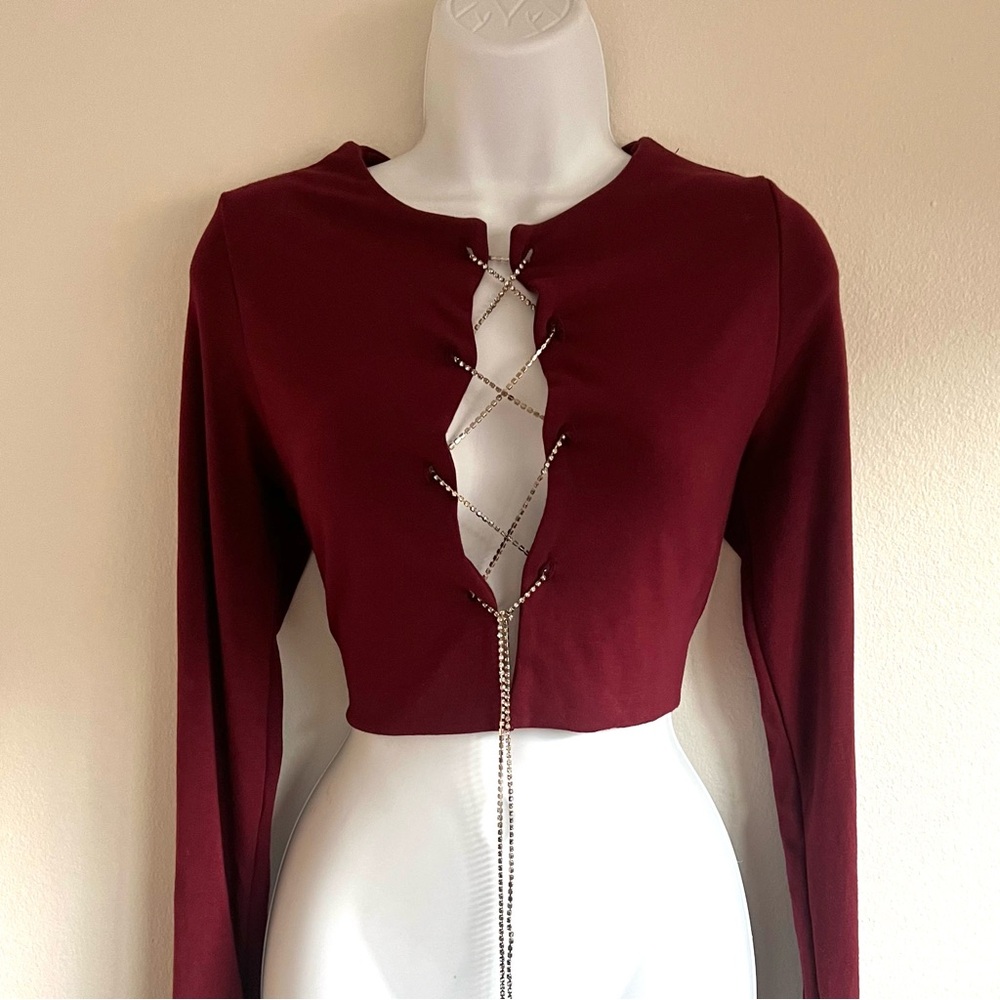 Rhinestone Lace Up Long-sleeve crop top